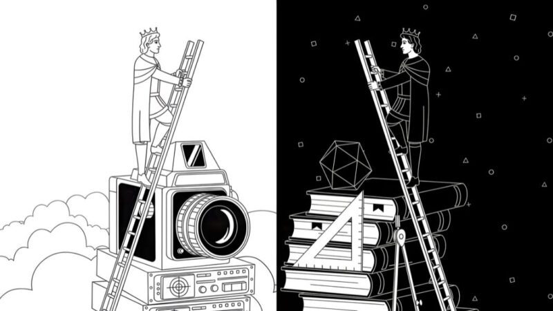 Split image from 'Image Empire' shows a figure in a crown climbing a ladder on the left side, standing on a vintage camera and audio equipment above clouds. The right side depicts a similar figure climbing a ladder on a stack of books, with a geometric shape and ruler, against a starry night sky.