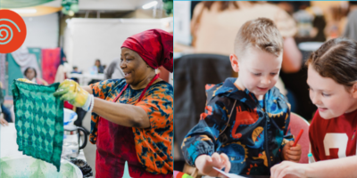 Two images. 1. A dark skinned woman holds up a printed cloth. 2. Two light skinned young people draw together on a piece of paper.