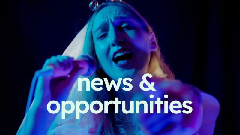 Photo of a woman on a hen night singing into a microphone, with the words 'news and opportunities' written across the image.