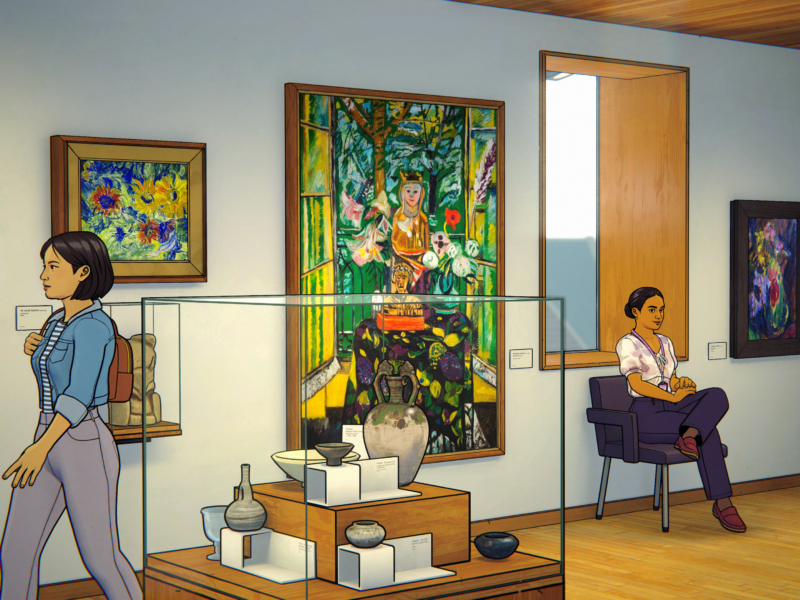 Still from Lost in Art - A woman in a blue jacket observes art in a modern art gallery with colourful paintings and sculptures on display.