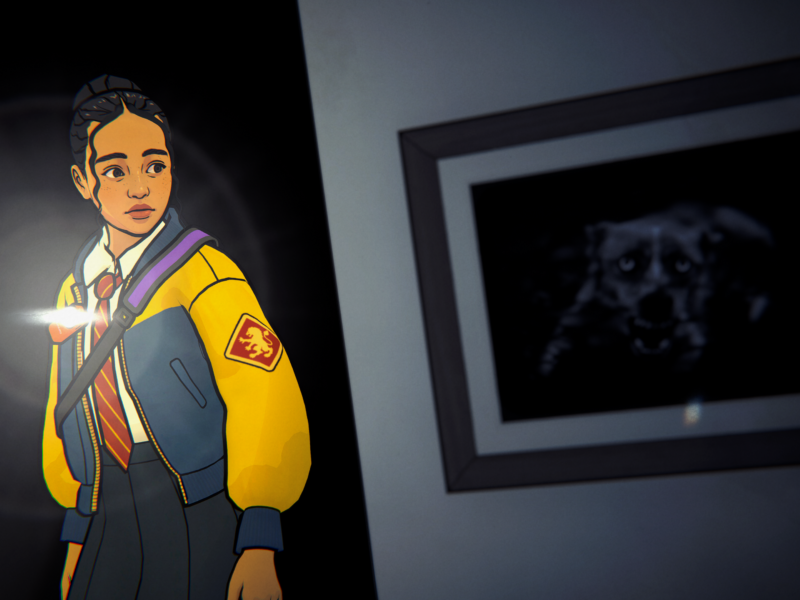 A young woman in a school uniform wearing a yellow and blue varsity jacket with a red and yellow patch on the arm, stands near a dark wall with a framed picture of a black panther. A still from 'Lost in Art'