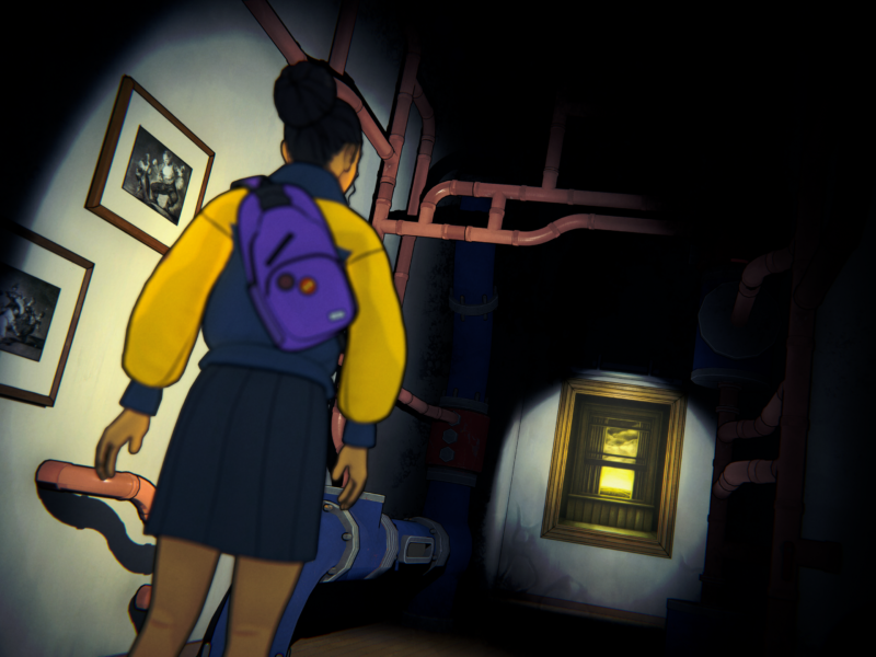 A girl with a yellow jacket and purple backpack explores a dimly lit room filled with pipes and framed pictures on the walls.