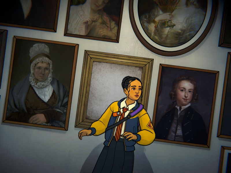 A young person in a yellow jacket and school tie stands in front of a wall filled with framed classical portraits in a dimly lit gallery.