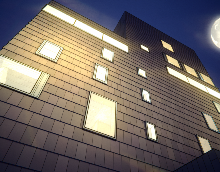 Animation of the exterior of The New Art Gallery Walsall at night. I full moon sits behind the museum in the sky