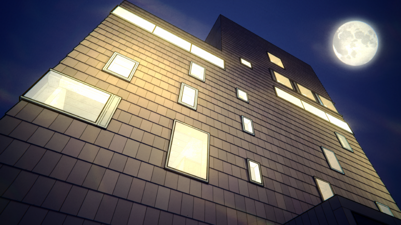 Animation of the exterior of The New Art Gallery Walsall at night. I full moon sits behind the museum in the sky